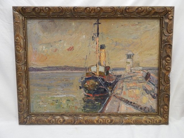 OIL ON CANVAS SHIP AT PORT: 1930S. UNSIGNED. COPY OF AN ANDRE DERAIN 19 1/2" X 27". OVERALL 24" X 31 1/2"