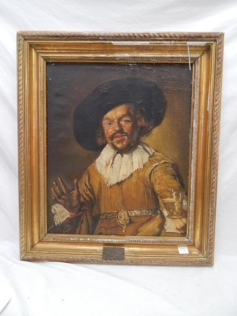 OIL ON CANVAS PORTRAIT: FRANS HALS DEVROLIJKE DRINKER. FRAME IS ROUGH. PAINTING IS ROUGH. PAINT IS CRACKING. 26" X 16".