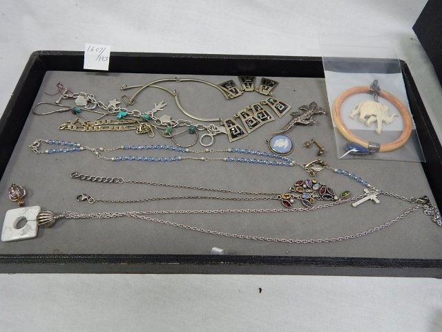 MISC LOT OF STERLING SILVER AND COSTUME JEWELRY: MULTI COLORED STONES. BRACELETS, NECKLACES, ABALONE