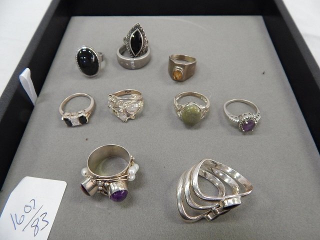 10 STERLING SILVER RINGS: MULTI COLORED STONES
