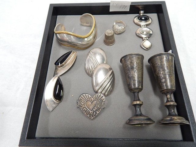 MISC LOT STERLING SILVER: THIMBLE, CUPS, NECKLACE