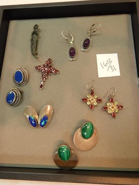 LOT OF STERLING SILVER EARRINGS AND CROSS: MULTI COLORED STONES