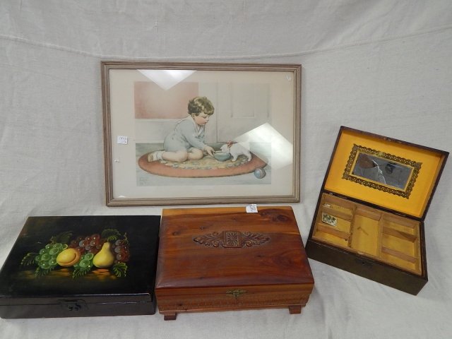 3 JEWELRY BOXES AND A PRINT: 8 X 10 PRINT.