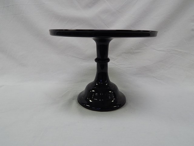 BLACK GLASS CAKE STAND: 9 INCHES TALL, 12 INCH DIAMETER