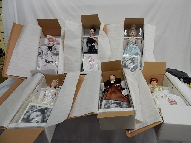 6 ASHTON DRAKE MADRA AND GENE COLLECTION DOLL: BREATHLESS, BLACK WIDOW, FIRST ENCOUNTER, PIERRETTE, I DO, CHAMPAGNE SUPPER. 15" TALL.