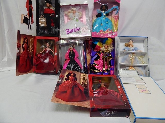 LOT OF 8 BARBIES: ORIGINAL PACKAGING. DREAM BRIDE, CIRCUS, HARPIST ANGEL, DONNA KARAN SHOPPING BARBIE.