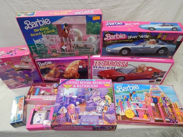 10 BARBIE PLAYSETS: TESTAROSS RACER, CORVETTE, HORSE, PIANO, HORSE CORRAL , FURNITURE, AND MORE.