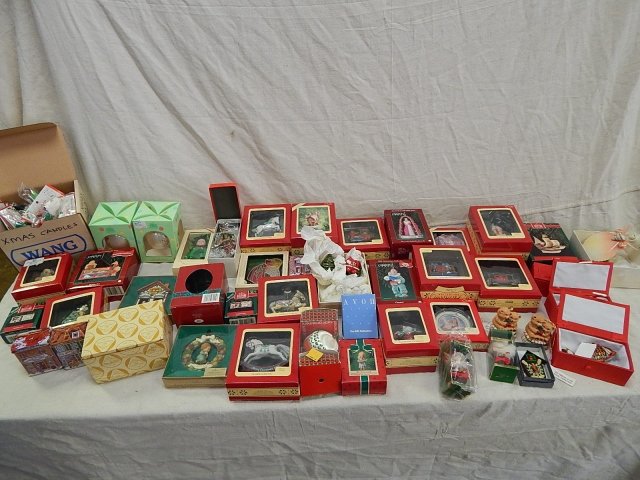 GIANT LOT CHRISTMAS ORNAMENTS: AVON, CARLTON, HALLMARK, ENAMIL FISH ORNAMENTS, SOME ARE MUSICAL ORNAMENTS.
