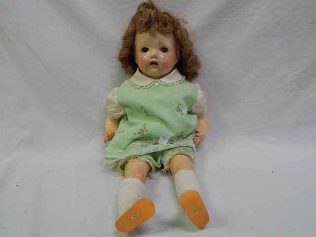 EFFANBEE COMPOSITION DOLL: PAINT CHIPS, MOVEABLE EYES. 22" TALL.