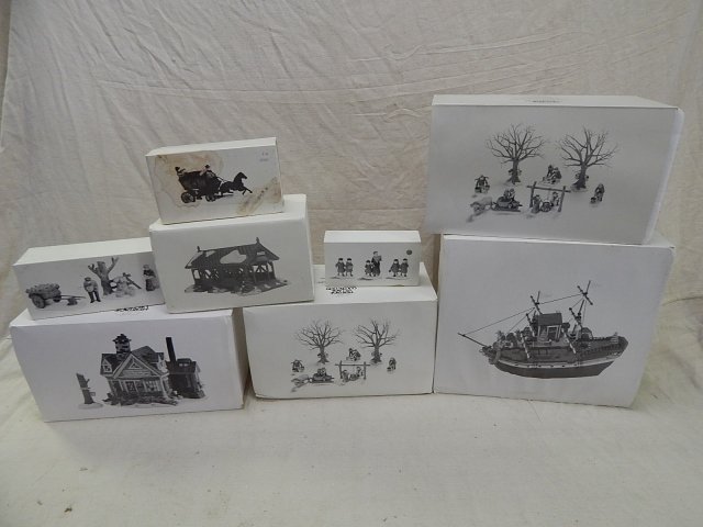 DEPARTMENT 56 HERITAGE VILLAGE COLLECTION: 8 PIECES SHIP, COVERED BRIDGE, STAGE COACH, AND PEOPLE.