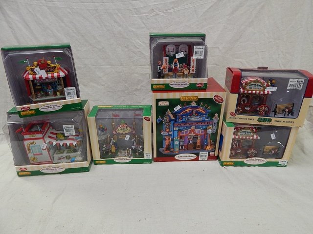 LEMAX CIRCUS COLLECTION 7 PIECES: 7 PIECES, CARNIVAL SIGN, POPCORN CART, ARCADE GAMES.