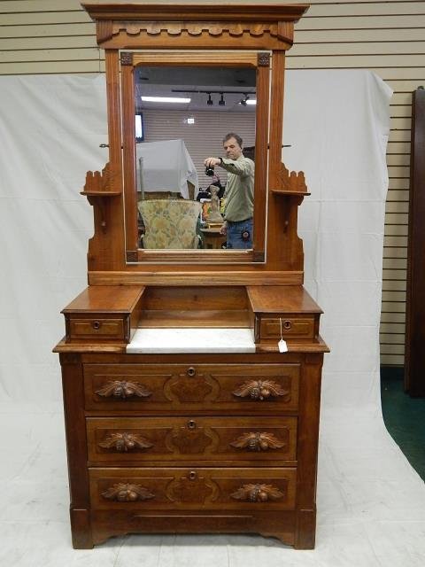 VICTORIAN DRESSER WITH MIRROR: 81" TALL X 38" WIDE X 17" DEEP.
