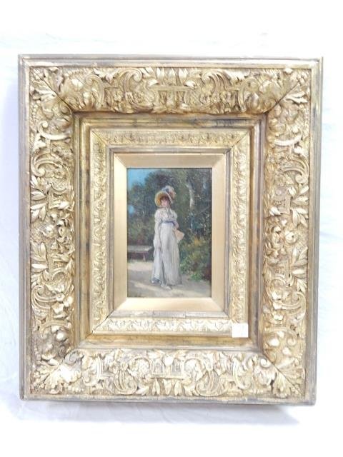 MAYO, P. OIL ON BOARD. PAINTING OF A WOMAN: 9" X 6" AND OVERALL 22 1/2" X 19". FRAME IS IN GOOD CONDITION.