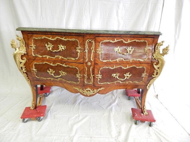 CONTEMPORARY MARBLE TOP BRONZE MOUNT CREDENZA: MARBLE IS GOOD. 57" WIDE, 34" TALL, 22" DEEP. BRONZE MOUNTED VENEER MISSING, CHIPPING. NOT AN ANTIQUE.