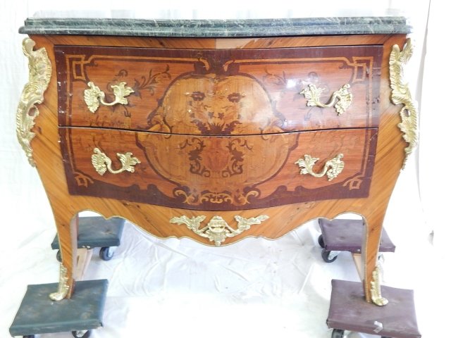 CONTEMPORARY MARBLE TOP CREDENZA: 45" WIDE, 34" TALL, AND 20 1/2 DEEP. BRONZE AMOUNTED, MISSING VENEER, CHIPPING, AND NOT ANTIQUE.