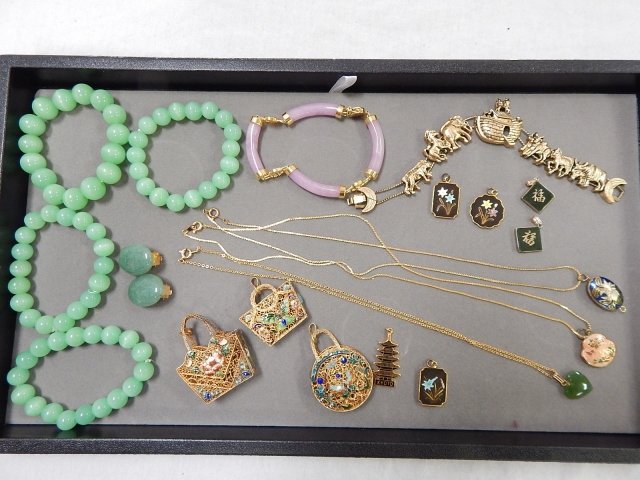 COLLECTION OF ESTATE JEWELRY: GLASS BEADS, ENAMEL PURSES, CLOISONNE PENDANTS, AND MORE!