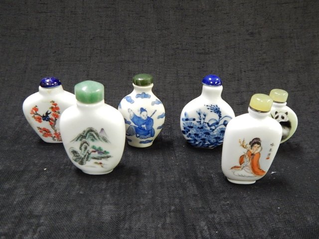 COLLECTION OF 6 SNUFF BOTTLES: 3" TALLEST.SOME WITH JADE STOPPERS.