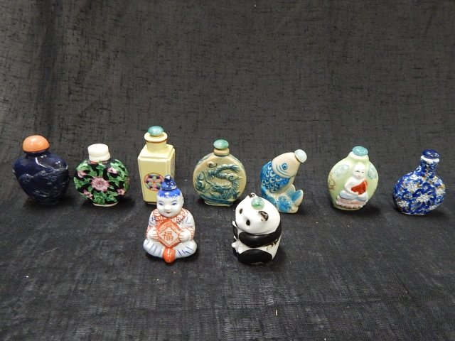 COLLECTION OF SEVEN SNUFF BOTTLES AND 2 FIGURES: TALLEST IS 3" TALL. FIGURES ARE PORCELAIN.