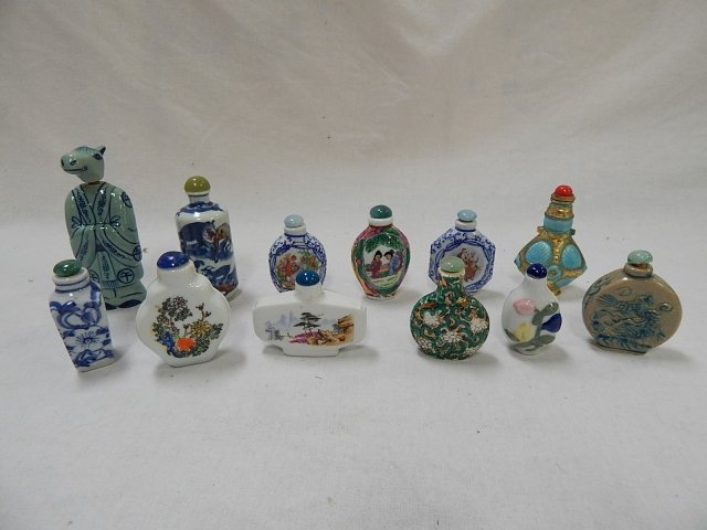 COLLECTION OF 12 ASSORTED SNUFF BOTTLES: PORCELAIN, COMPOSITION, TALLEST ONE IS 5".