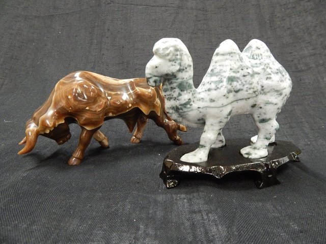 MARBLE CAMEL AND AN ONYX BULL,: TALLEST IS 4" TALL.