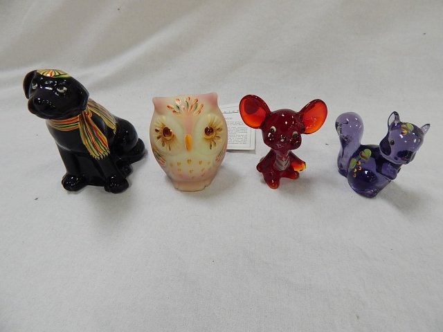 FOUR FENTON GLASS ANIMALS: DOG, MOUSE, OWL AND A SQUIRREL. HAND PAINTED AND ARTIST SIGNED. TALLEST IS 4".