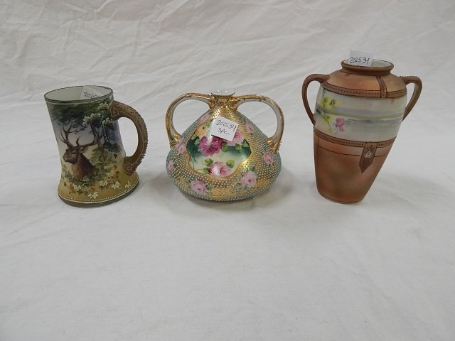 THREE HANDPAINTED DISHES: TWO VASES. MUG IS MARKED NIPPON. TALLEST IS 6".