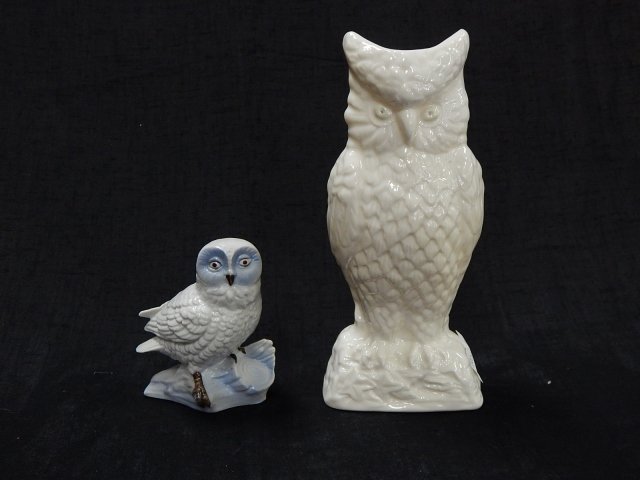 KPM AND BELLEEK OWLS: TALLEST IS 8" TALL.