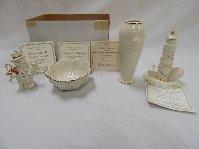 FOUR PCS OF LENOX: A VASE, A BOWL, A LIGHTHOUSE, AND A SNOWMAN. TALLEST IS 6".