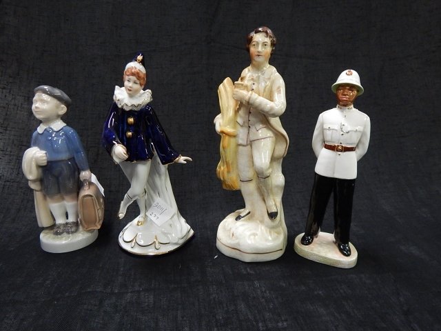 FOUR FIGURINES: ROYAL DUX, ENGLISH, COPENHAGAN. CONDITION IS GOOD. ROYAL DUX HAS BOX.