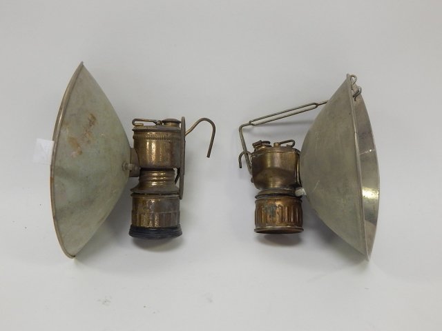 TWO MINERS LAMPS FROM VICTOR, CO. GHOST TOWN CABIN: 7 1/2" TALL.