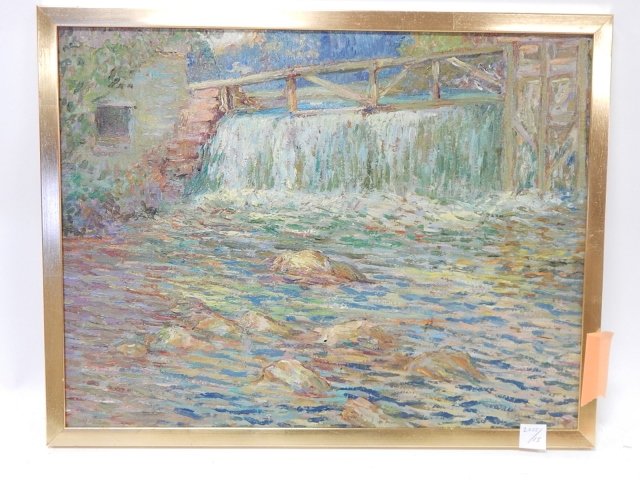 OIL ON BOARD UNSIGNED WATERSCAPE: ON THE BACK FRANK LLOYD WRIGHT EXHIBITION, RACINE, WISCONSIN, 1949.