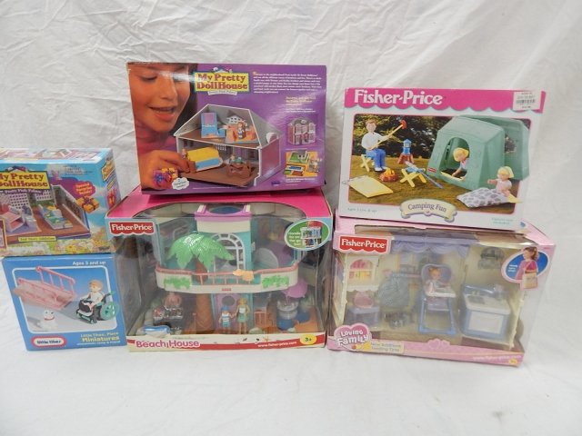 SIX DOLL PLAYSETS: BEACH HOUSE, MY PRETTY DOLL HOUSE, CAMPING FUN. SOME ARE FISHER PRICE.
