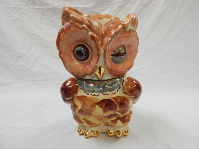 OWL COOKIE JAR: 12" TALL, MARKED USA ON THE BOTTOM.