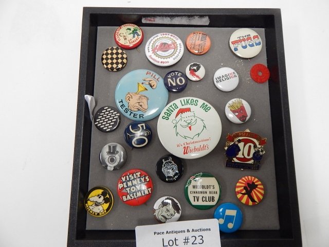 COLLECTION OF ADVERTISING PINS: WEIBOLTS, MICKEY RAT, AND MORE.