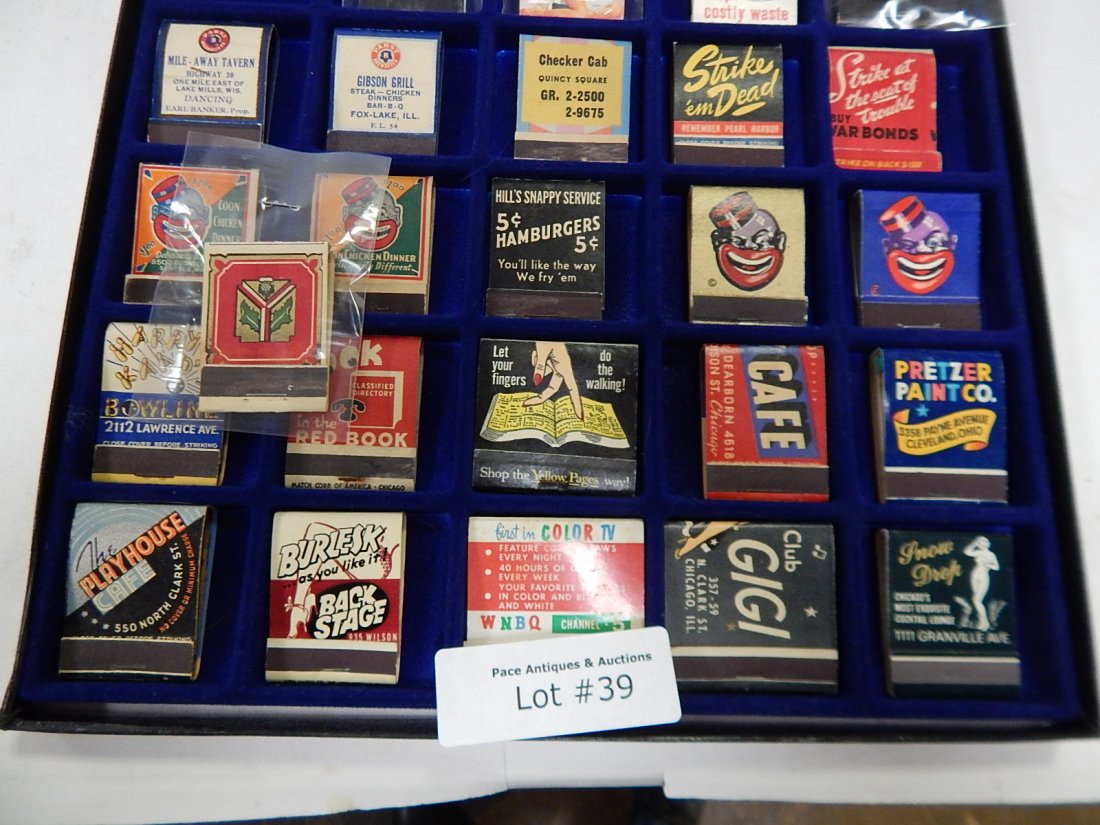 MATCHBOOK COLLECTION: CONDITION AS SHOWN. COON CHICKEN DINNER, MERCHANDISE MART, BOB'S COLA, CHECKER CAB, TEXACO.