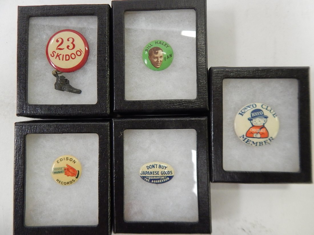 FIVE PINS: EDISON RECORDS, KOYO CLUB, AND MORE. CONDITION AS SHOWN.