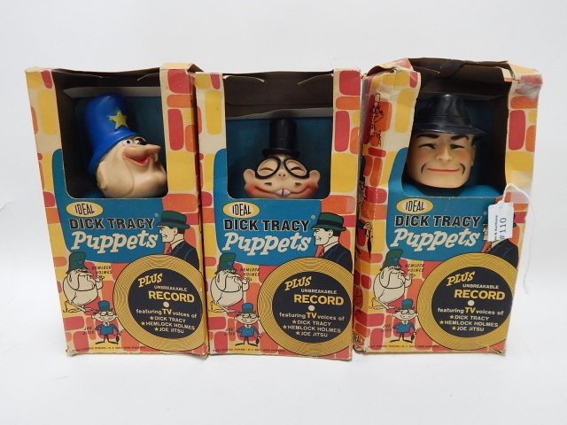 THREE DICK TRACY IDEAL PUPPETS: CONDITION AS SHOWN. BOX IS ROUGH. SOLD AS IS.