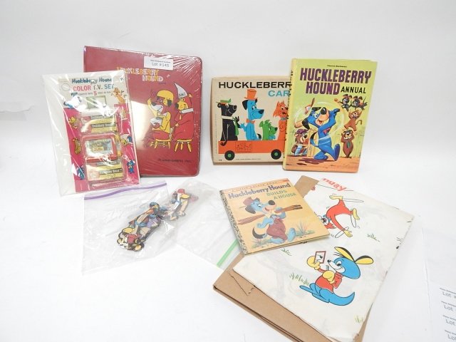 COLLECTION HUCK HOUND TABLE CLOTH, BOOKS, GAMES: CONDITION AS SHOWN.