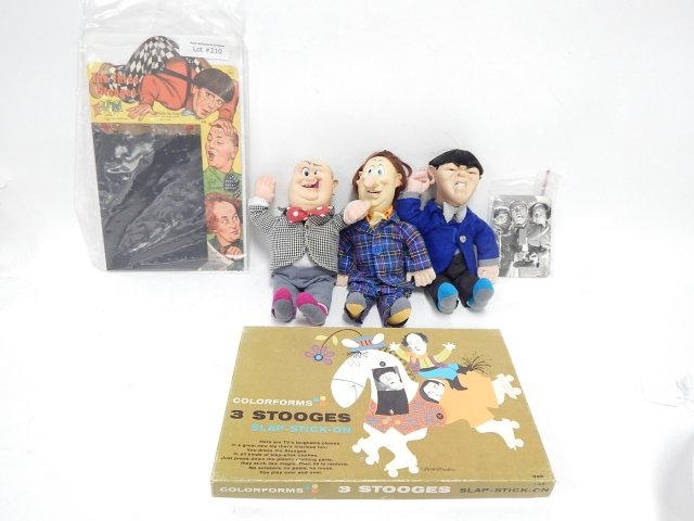 THREE STOOGIES COLLECTION: DOLLS, STICKERS, MORE. CONDITION AS SHOWN.