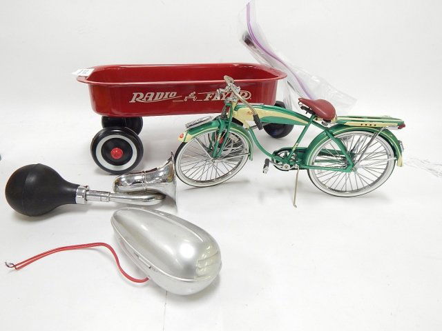 RADIO FLYER WAGON, COLUMBIA MODEL BIKE, 2 HORNS: CONDITION AS SHOWN.