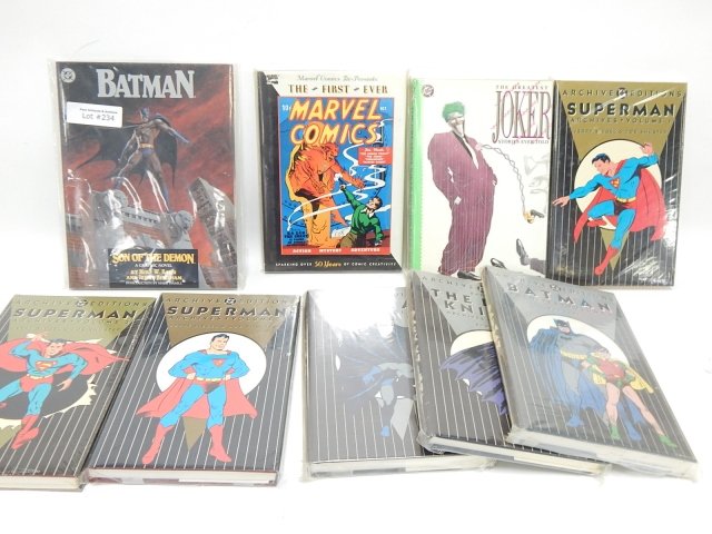 BATMAN, SUPERMAN, AND JOKER BOOKS: CONDITION AS SHOWN.