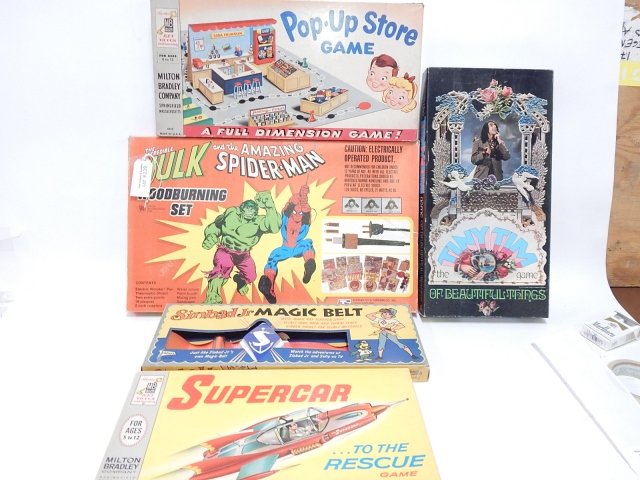 SPIDER MAN MILTON BRADLEY GAME, AND MORE: POPUP STORE, TINY TIM. CONDITION AS SHOWN.