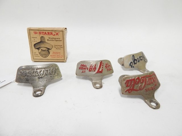 COKE, 7UP, DR PEPPER, AND BARGS POP BOTTLE OPENERS: WITH STAR X BOX.