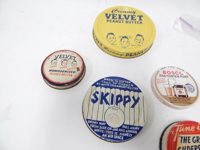COLLECTION OF PEANUT BUTTER LIDS: VELVET, SKIPPY, BOSCO FOUNTAIN SYRUP, RADIO ADVERTISING. GREAT GILDERGLEEVE ADVERTISING. CONDITION AS SHOWN.