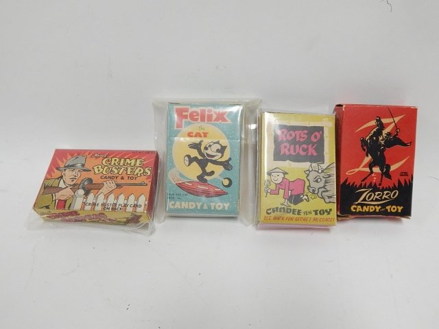 COLLECTION OF EMPTY CANDY BOXES: CRIME BUSTERS, FELIX THE CAT, ZORRO AND MORE. 4" TALL.. CONDITION AS SHOWN.