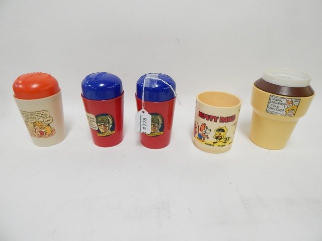 FIVE PCS LOT OF OVALTINE CUPS: DEPUTY DOG, ORPHAN ANNIE, AND CAPTAIN MIDNIGHT (SHAKE UP MUG). CONDITION AS SHOWN.