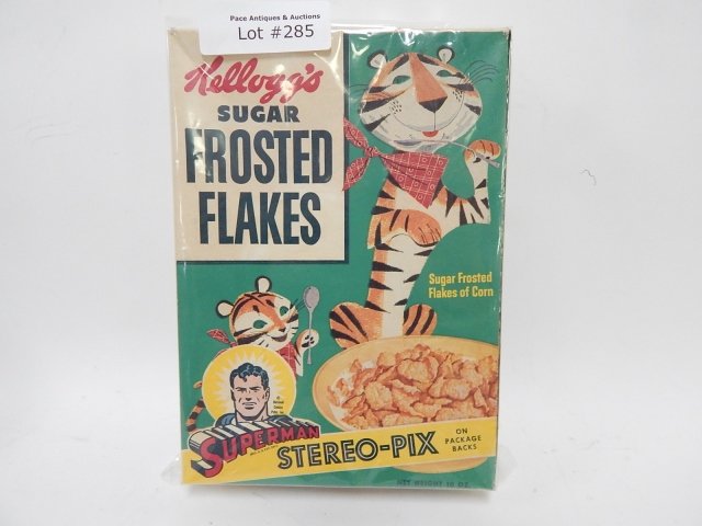 KELLOGG'S SUGAR FROSTED FLAKES, SUPERMAN ON FRONT: WEAR ON BOX. TEAR ON TOP. CRUSHED A LITTLE.