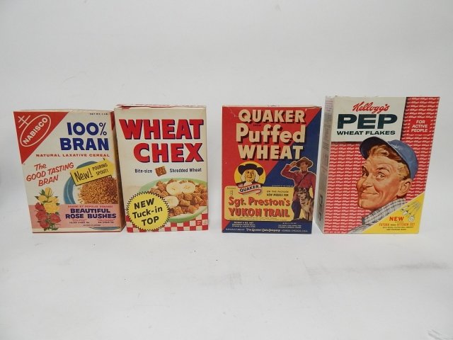 FOUR CEREAL BOXES: NABISCO BRAN, PURINA WHEAT CHEX, QUAKER PUFFED WHEAT, AND KELLOGG'S PEP. WHEAT CHEX IS FULL. CORNERS ARE ROUGH.