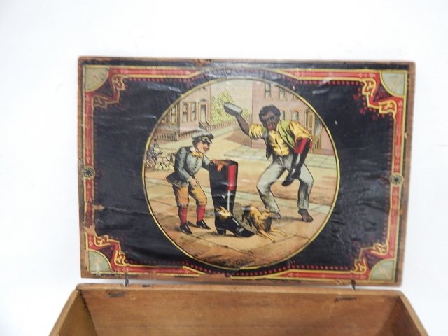 MASON SHOE POLISH ADVERTISING BOX: CONDITION AS SHOWN. 11 1/2 WIDE, 8 " DEEP, 5" TALL.