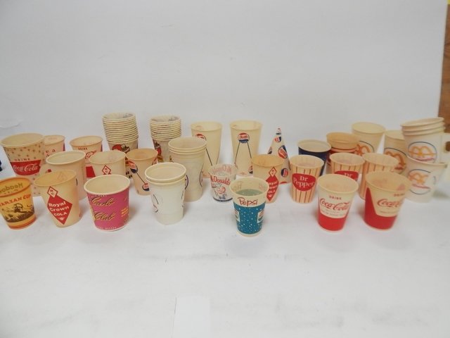 COLLECTION OF PAPER ADVERTISING CUPS: LARGE LOT. CONDITION AS SHOWN.